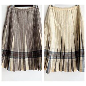 Highland Queen Wool Fully Reversible Ivory Brown Blue Pleated Midi Skirt M